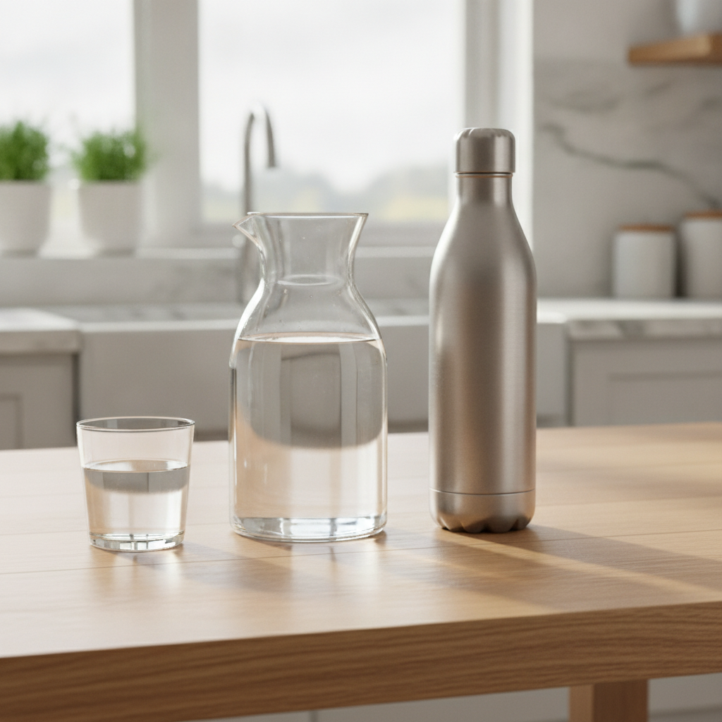 Une carafe en verre remplie d'eau claire posée sur une table en bois dans une cuisine lumineuse.