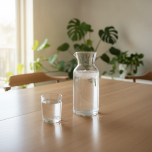 Carafe et verre d'eau claire posés sur une table en bois dans une pièce lumineuse