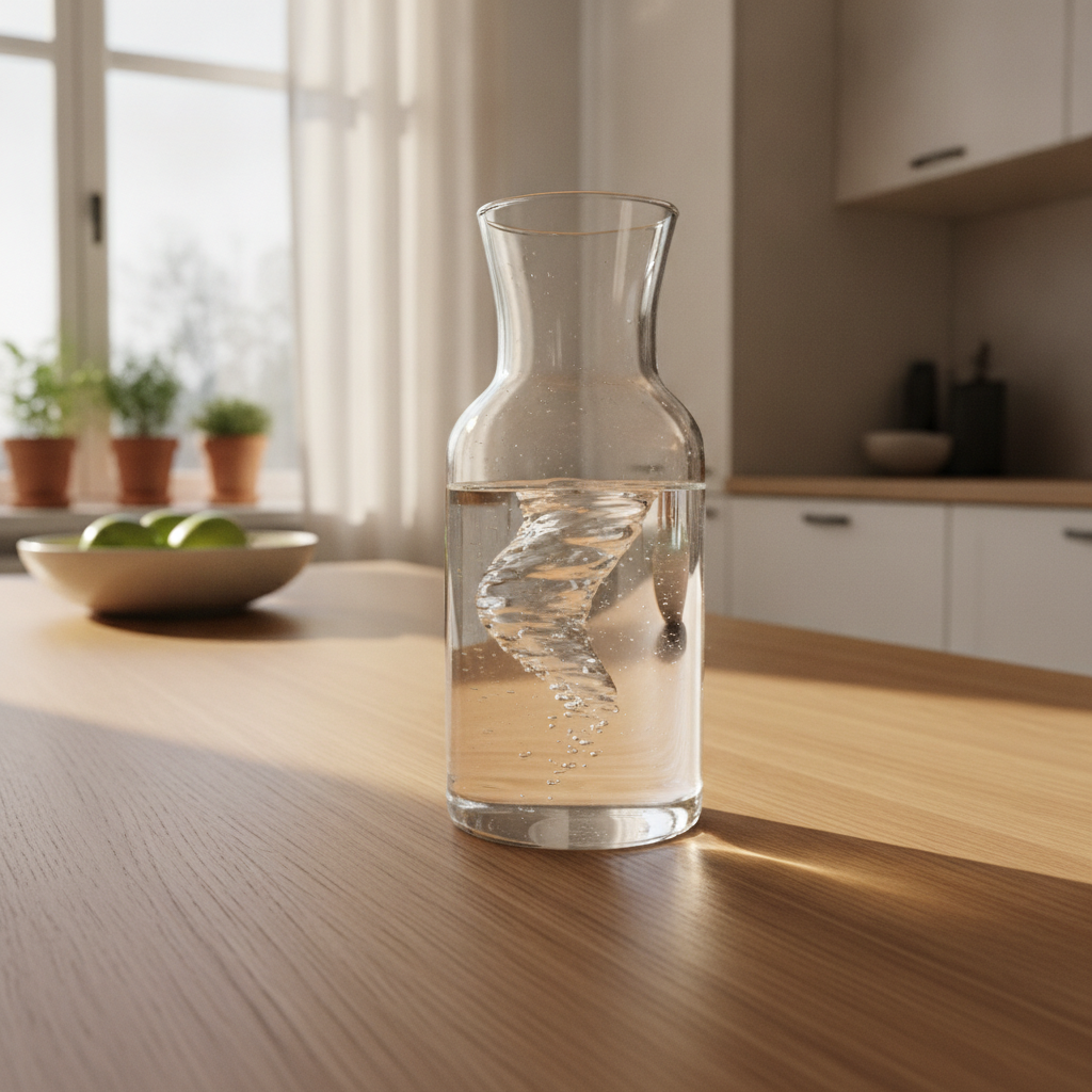 Carafe en verre contenant de l'eau pure en mouvement de tourbillon sur une table en bois.