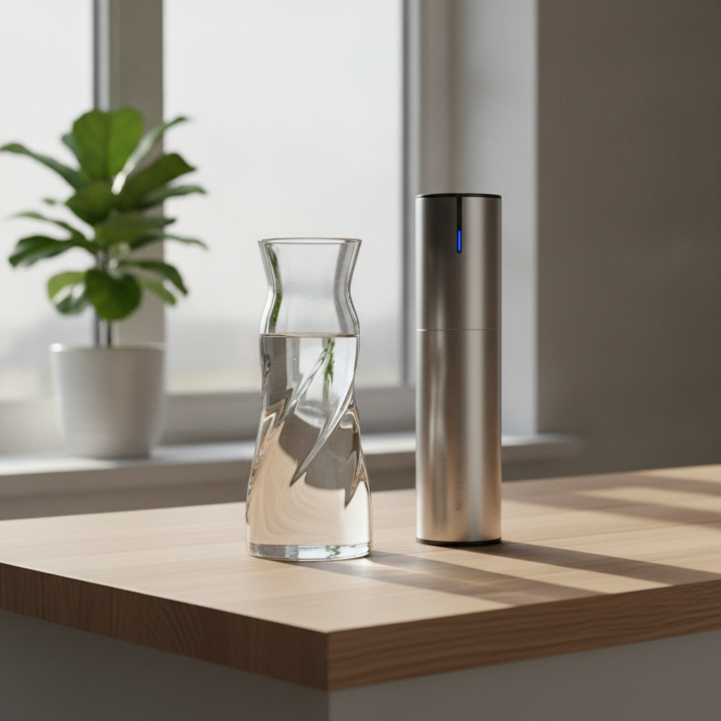 Une carafe en verre dynamisante et un système de filtration d'eau posés sur un plan de travail de cuisine.