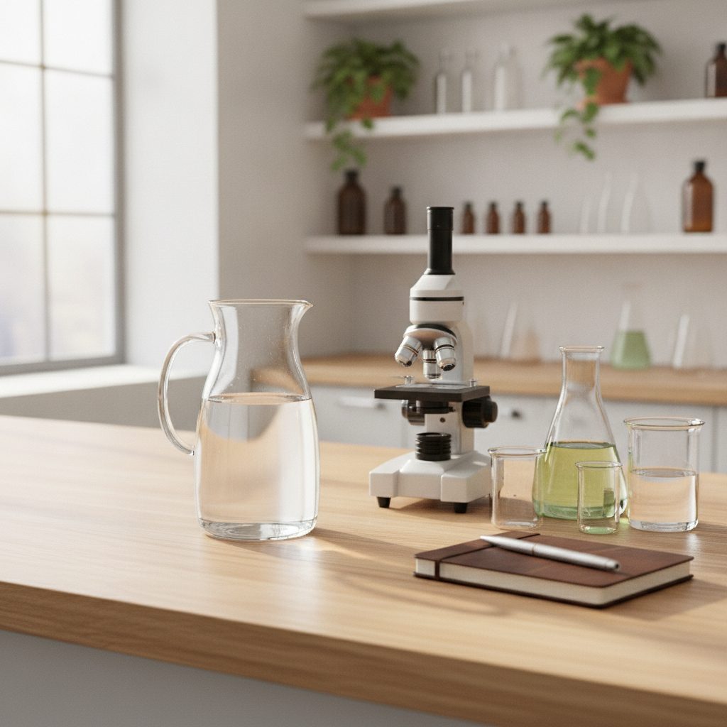 Pitcher d'eau pure et matériel de laboratoire sur une table en bois baignée de lumière naturelle