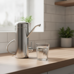 Un verre d'eau pure posé sur un plan de travail de cuisine à côté d'un filtre à eau.