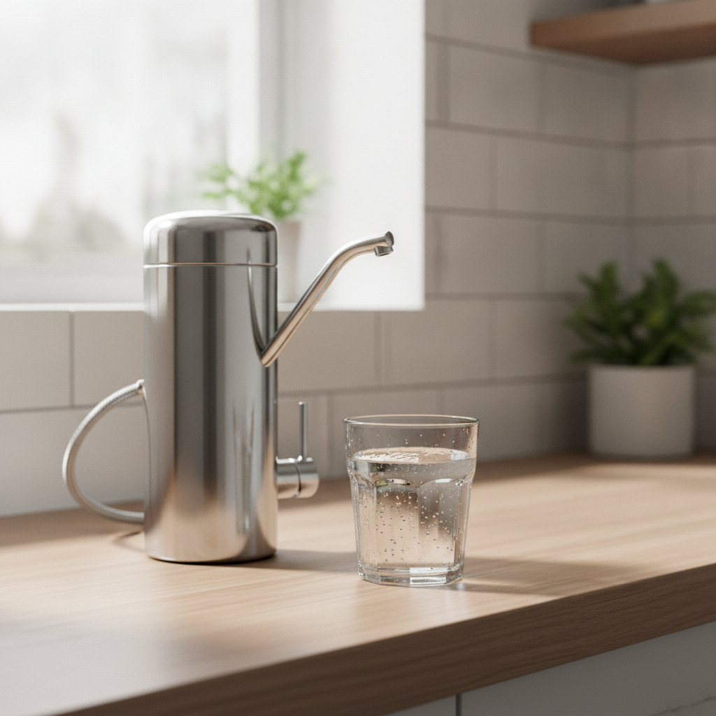 Un verre d'eau pure posé sur un plan de travail de cuisine à côté d'un filtre à eau.