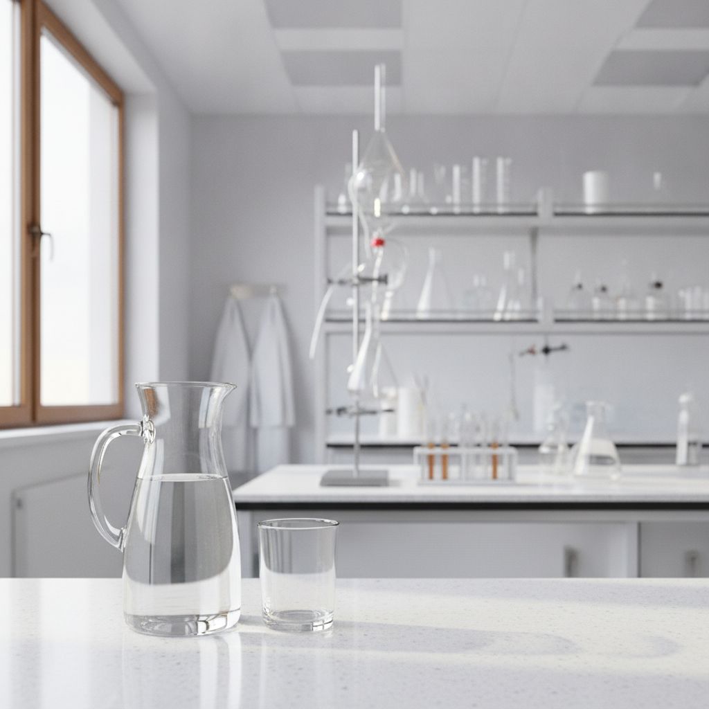 Un pichet et un verre d'eau claire posés sur une table de laboratoire baignée de lumière naturelle.