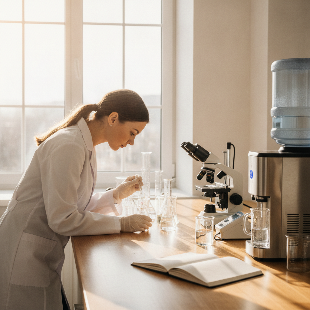 Un chercheur travaillant avec de la verrerie de laboratoire et du matériel de mesure pour analyser l'eau.